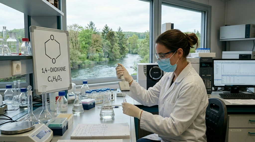 Ingénieur scientifique analysant un échantillon d'eau dans son laboratoire.