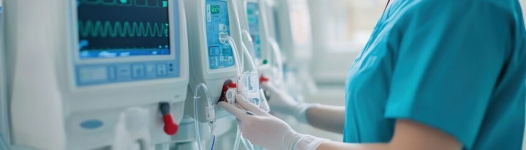 Technicien ajustant une machine d’hémodialyse en milieu hospitalier avec circuit d’eau de dialyse.