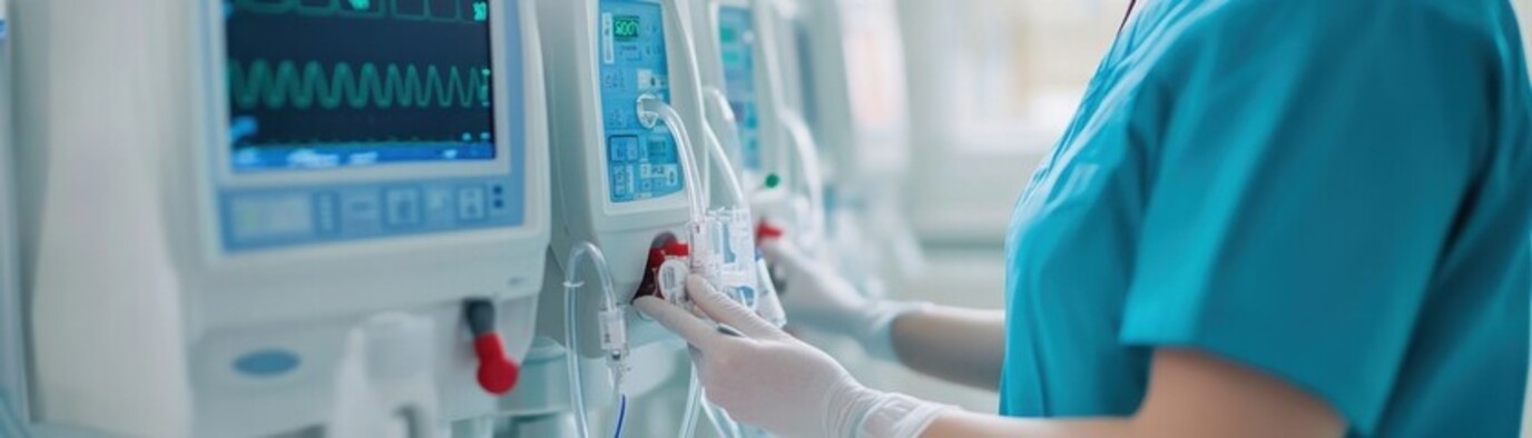 Technicien ajustant une machine d’hémodialyse en milieu hospitalier avec circuit d’eau de dialyse.